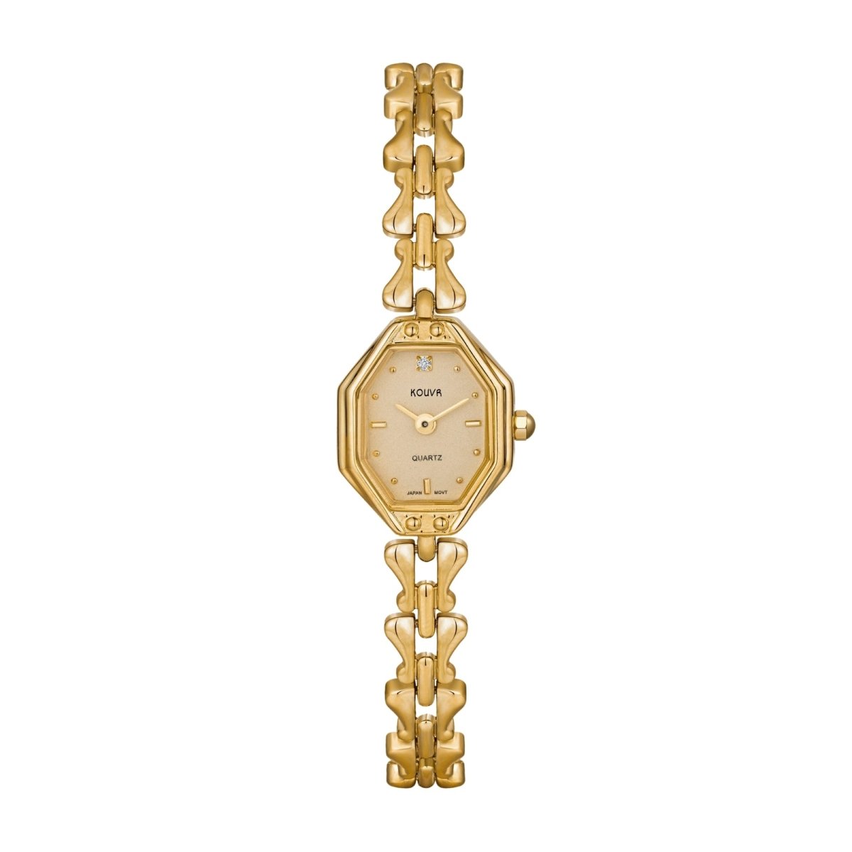 Gold kouvr watch with a chain-like band on a white background