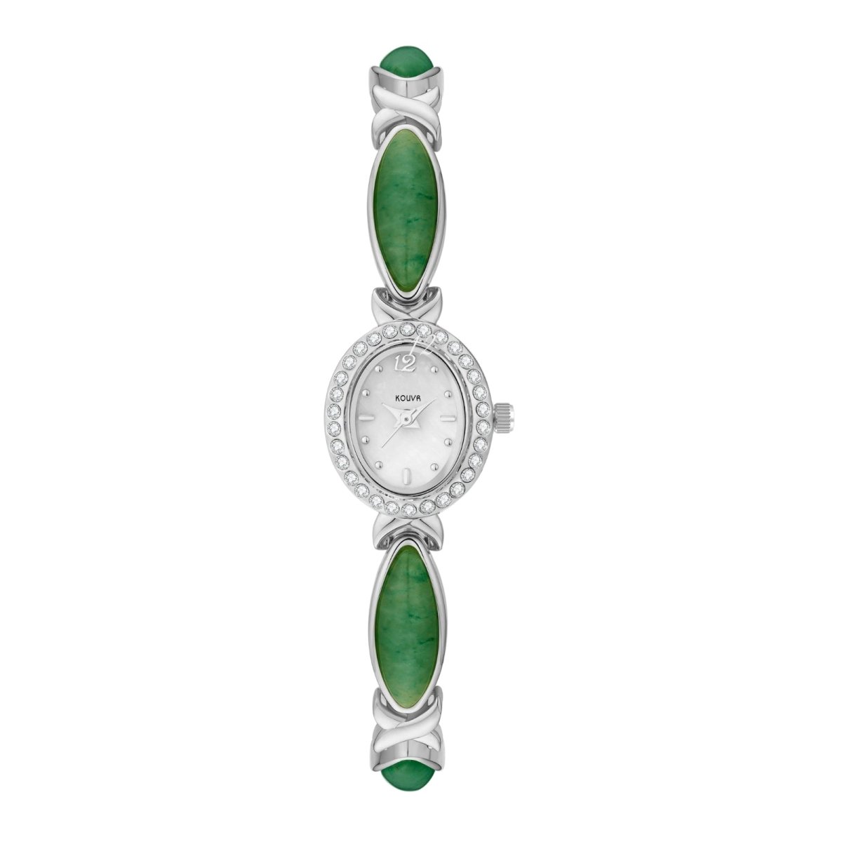 Kouvr women's vintage style gold bracelet watch featuring genuine silver green  gemstones and a crystal bezel on a white background.