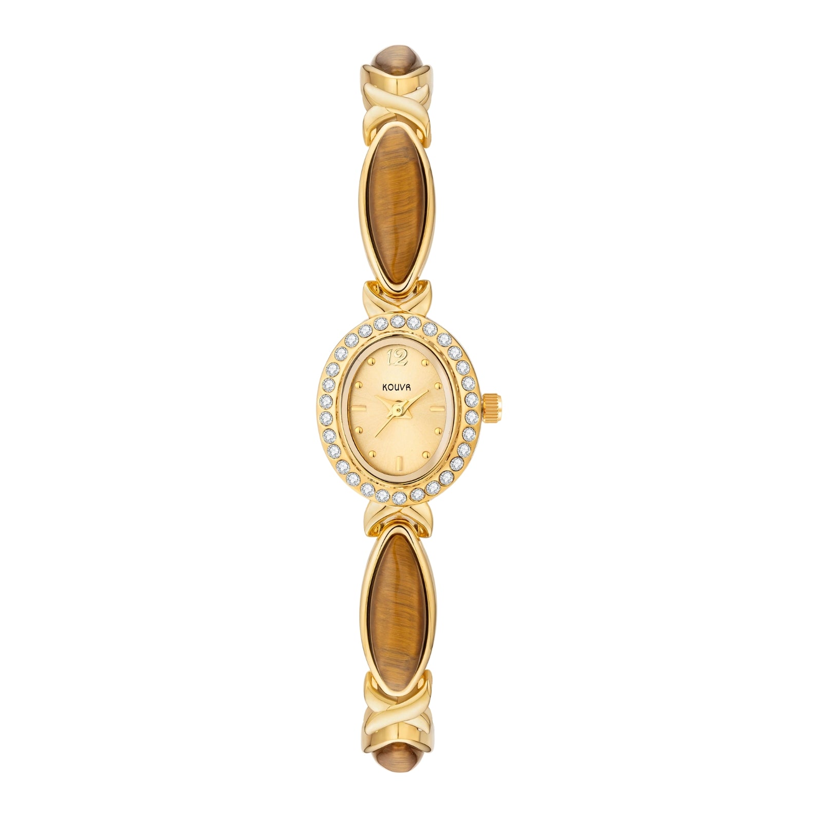 Kouvr women's vintage style gold bracelet watch featuring genuine Tiger's Eye gemstones and a crystal bezel on a white background.
