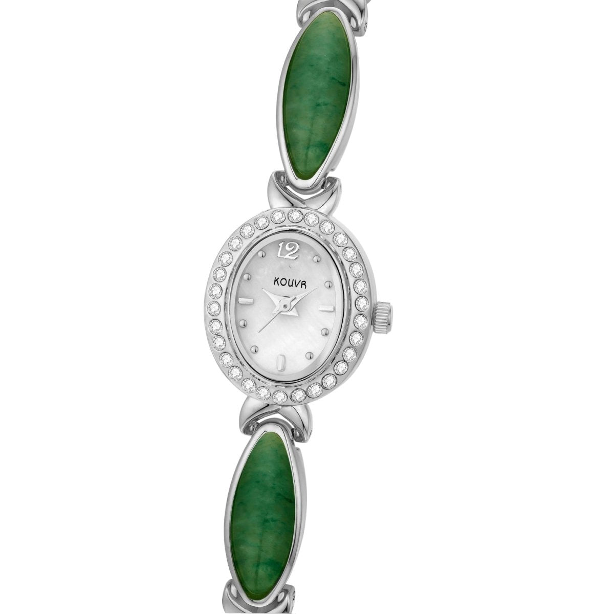 Kouvr women's vintage style silver bracelet watch featuring genuine green Jade gemstones and a crystal bezel on a white background