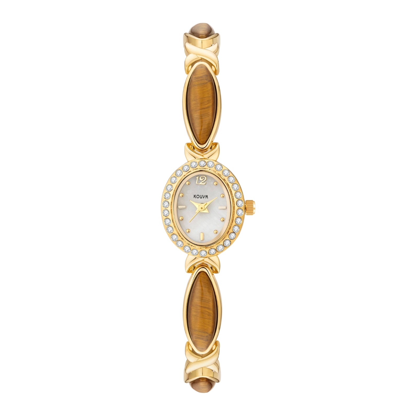 Kouvr women's vintage style gold bracelet watch featuring genuine Tiger's Eye gemstones and a crystal bezel on a white background.