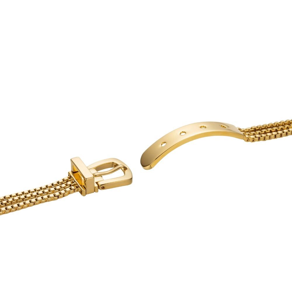 Close-up of a gold kouvr bracelet with a clasp on a white background