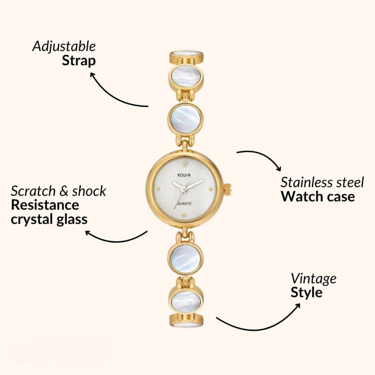 Close-up detail of the iridescent white mother of pearl dial on the Kouvr Pearl Faelan watch.