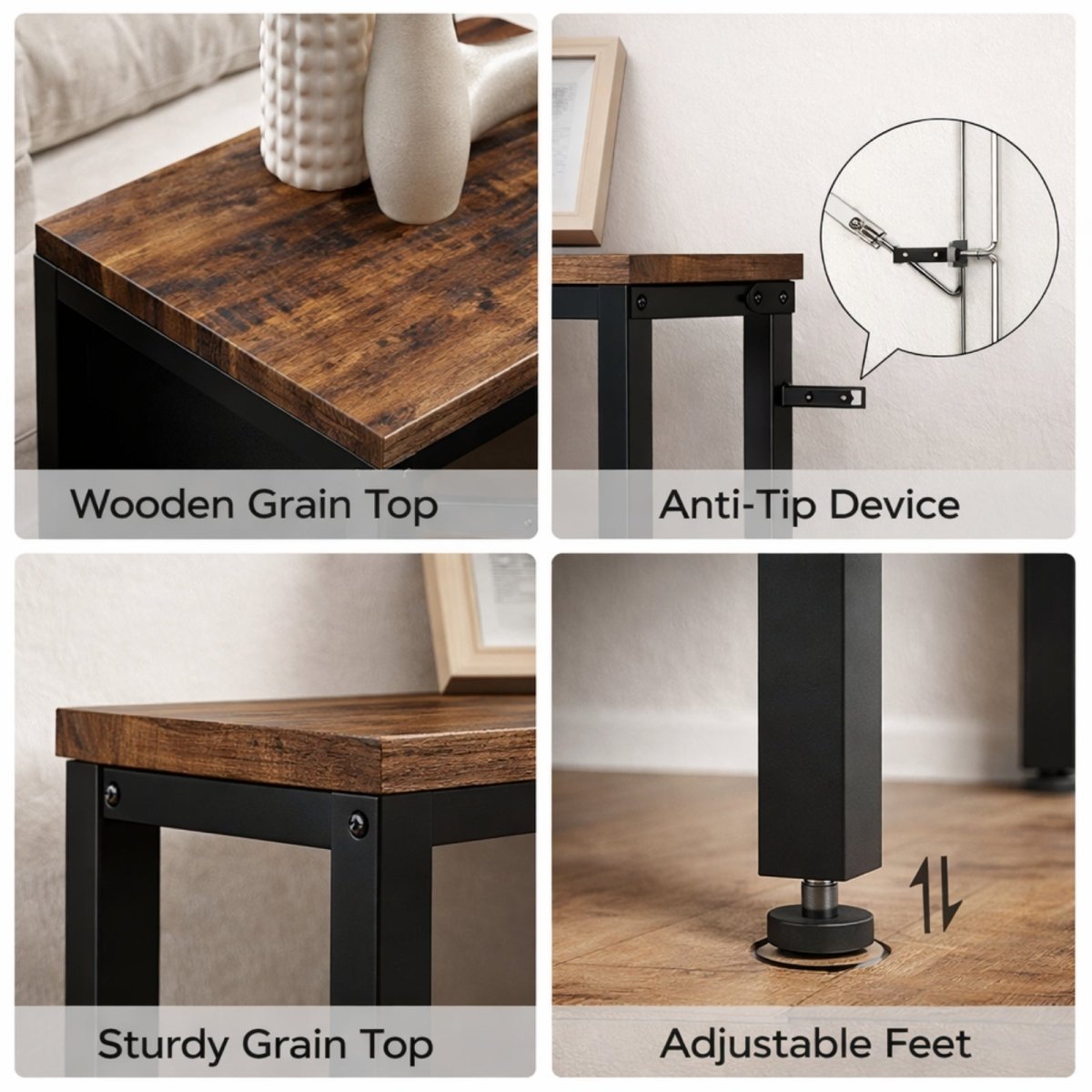 Detail shot of rustic wood grain finish and black metal frame showing included safety anti-tip wall anchor.