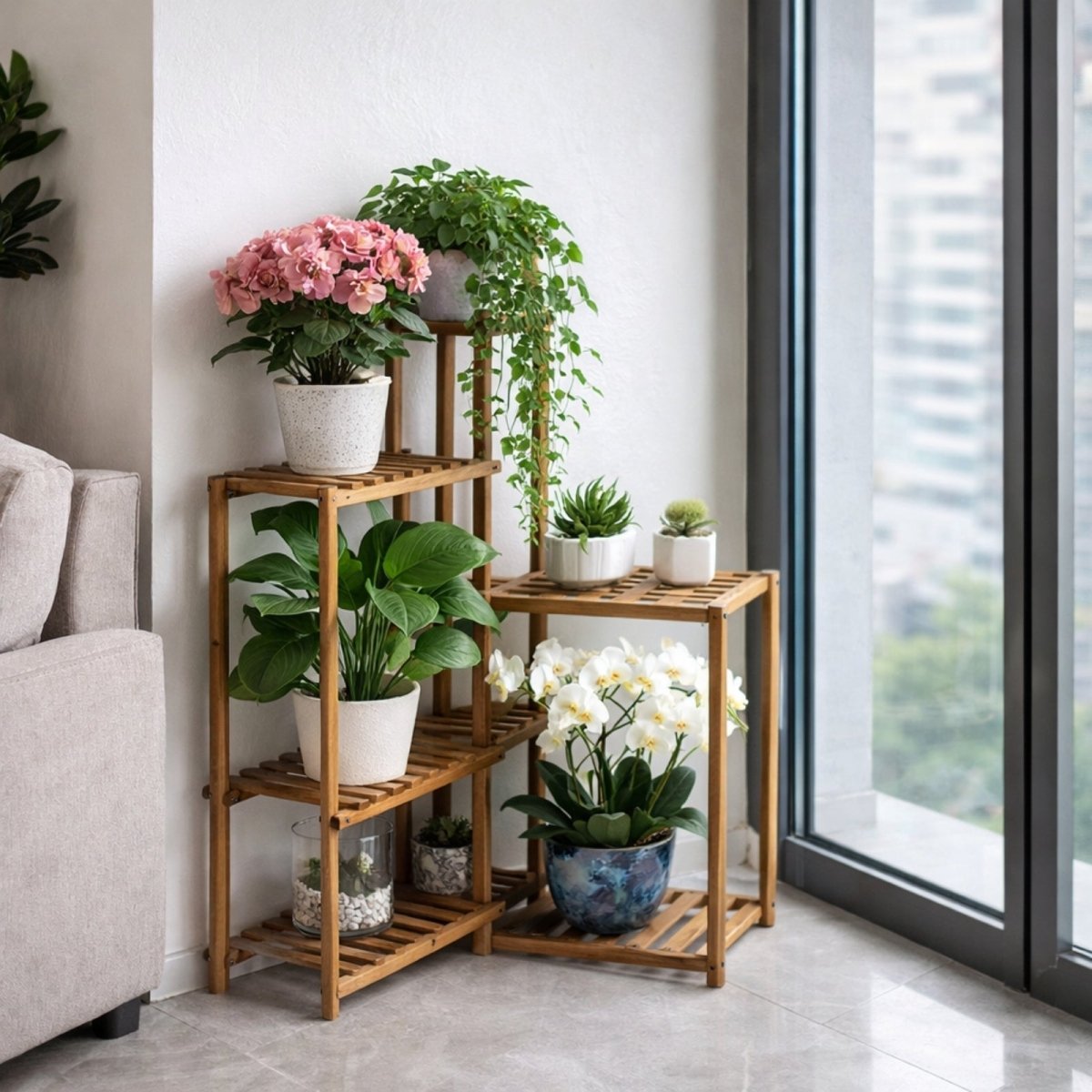 Detail shot of blooming pink hydrangeas and green foliage on the Arboretum tiered plant stand, showing wood grain texture and sturdy slat construction.