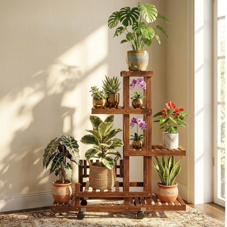 A diagram showing the precise dimensions of the multi-tier wooden plant stand: 102 cm tall, 95 cm wide, and 25 cm deep, against a neutral background.