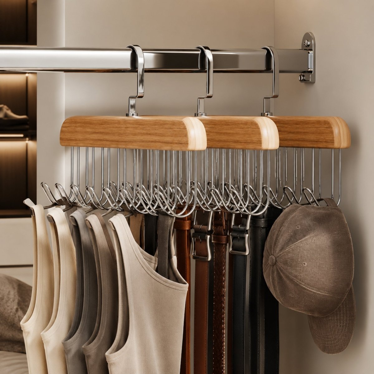 Kouvr luxury wooden closet organizer hanger with chrome multi-hooks holding tank tops, leather belts, and a baseball cap on a metal closet rod.