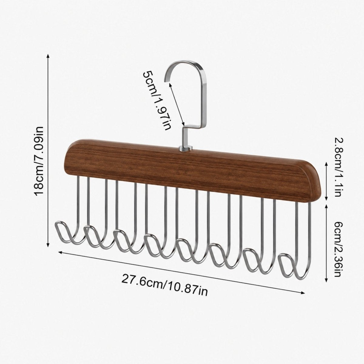 Product dimensions diagram of the Kouvr wooden multi-hook closet organizer, showing a width of 27.6cm (10.87in) and total height of 18cm (7.09in).