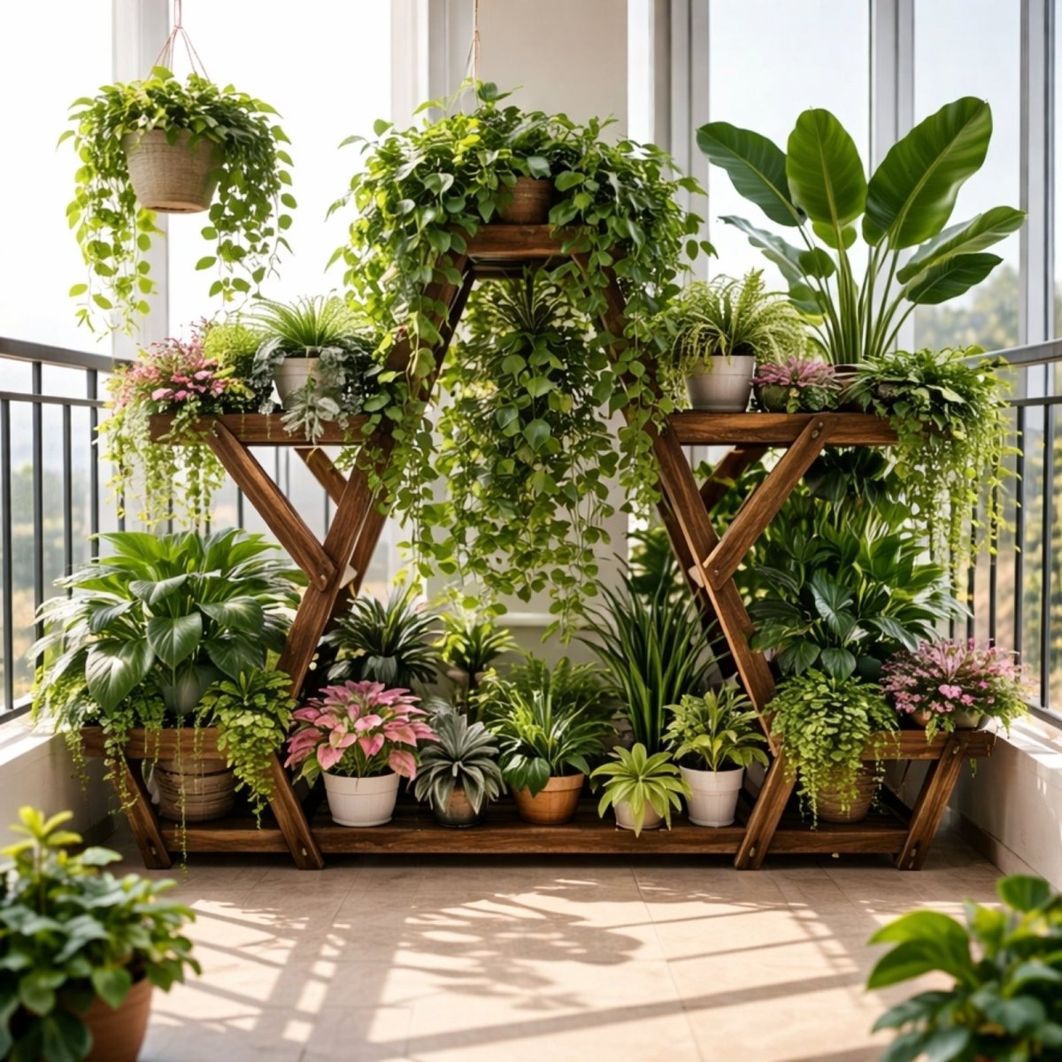 The Kouvr multi-tier wooden plant stand arranged as a lush vertical garden on a sunlit balcony, filled with hanging and potted plants.
