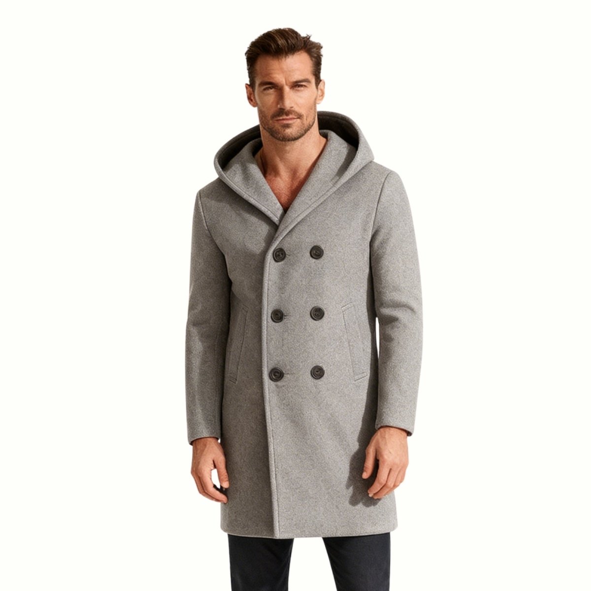 Men's Hooded Wool Overcoat Double Breasted Knee Length Winter