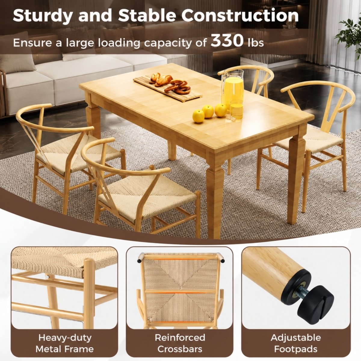 Detailed view of sturdy dining chair construction highlighting the heavy-duty metal frame, reinforced crossbars, adjustable footpads, and 330 lbs loading capacity.