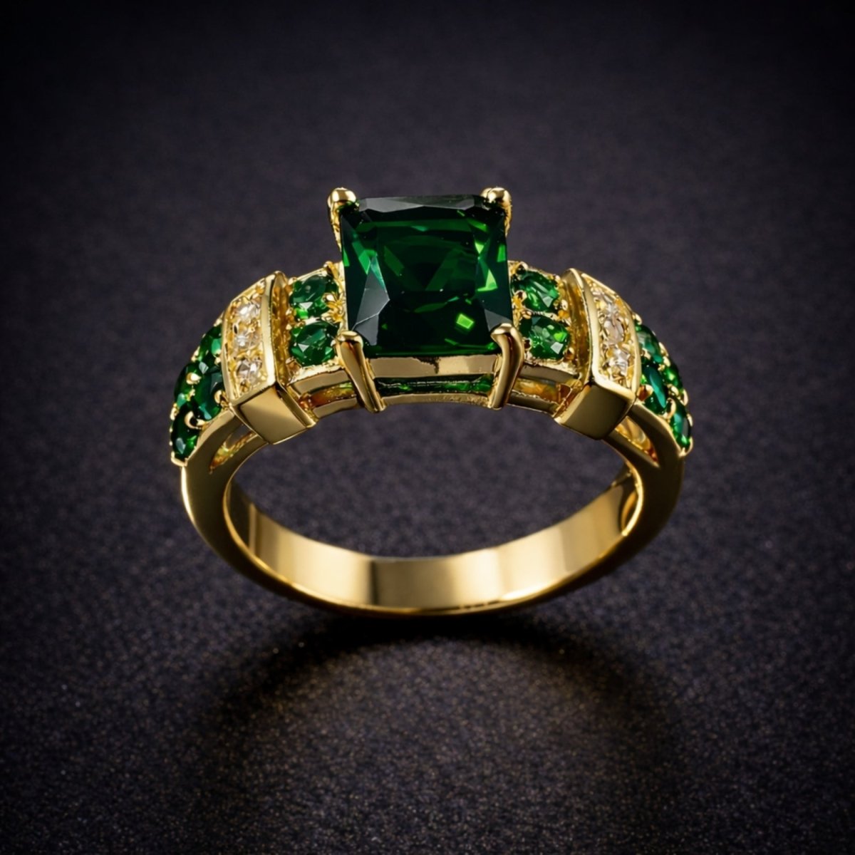 Front-facing view of the square-cut emerald green Kouvr Yara ring on a textured black surface.