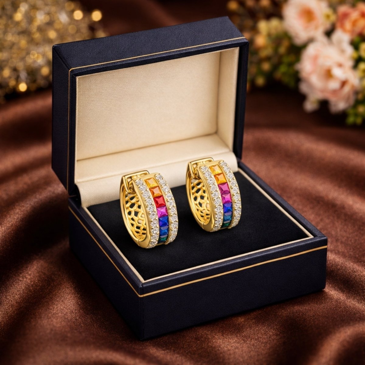 A pair of Kouvr Yasmina rainbow and diamond huggie earrings elegantly displayed inside a premium navy blue gift box with gold trim, set against a silk background. 