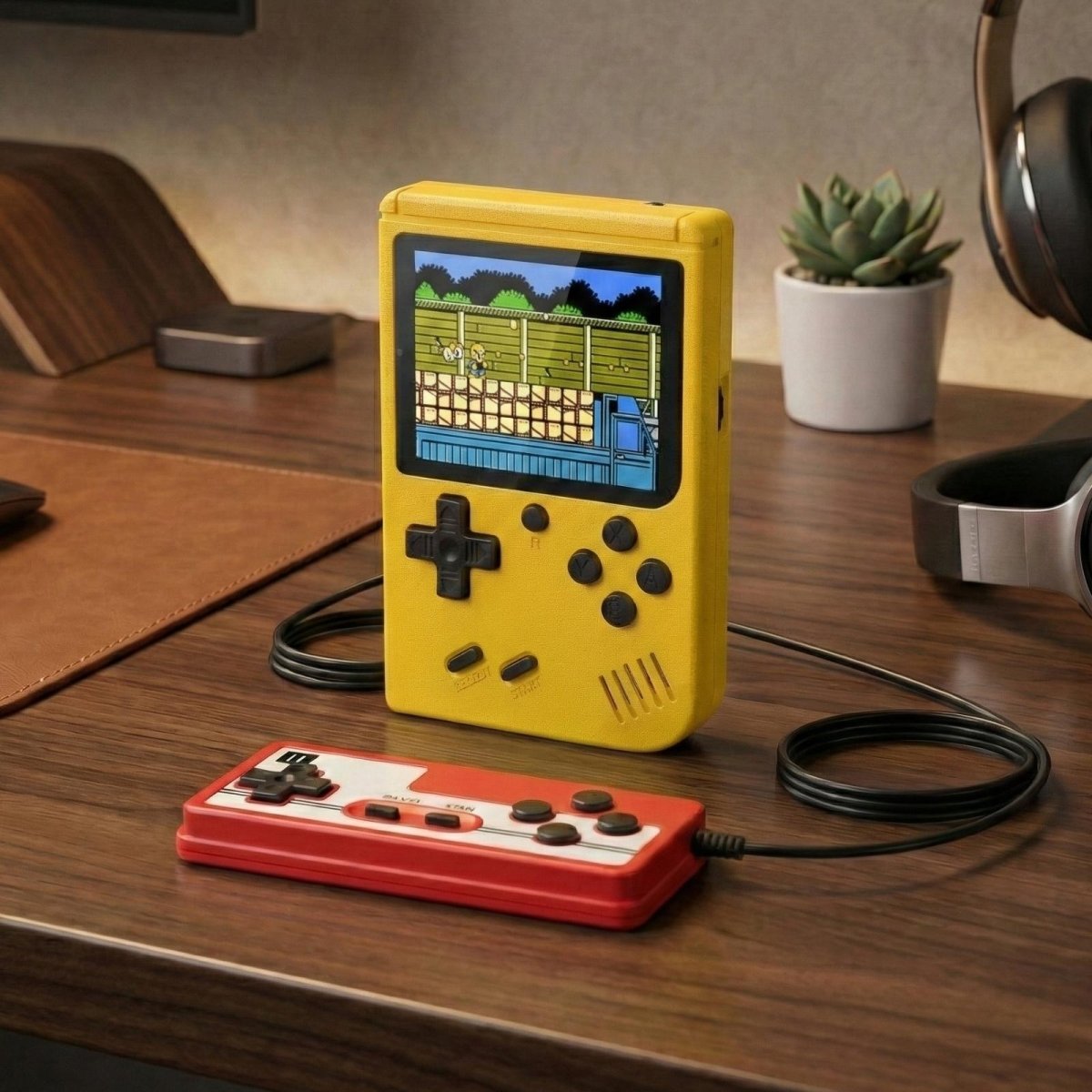 Yellow Kouvr retro handheld game console with an external red and white controller connected, sitting on a wooden desk.