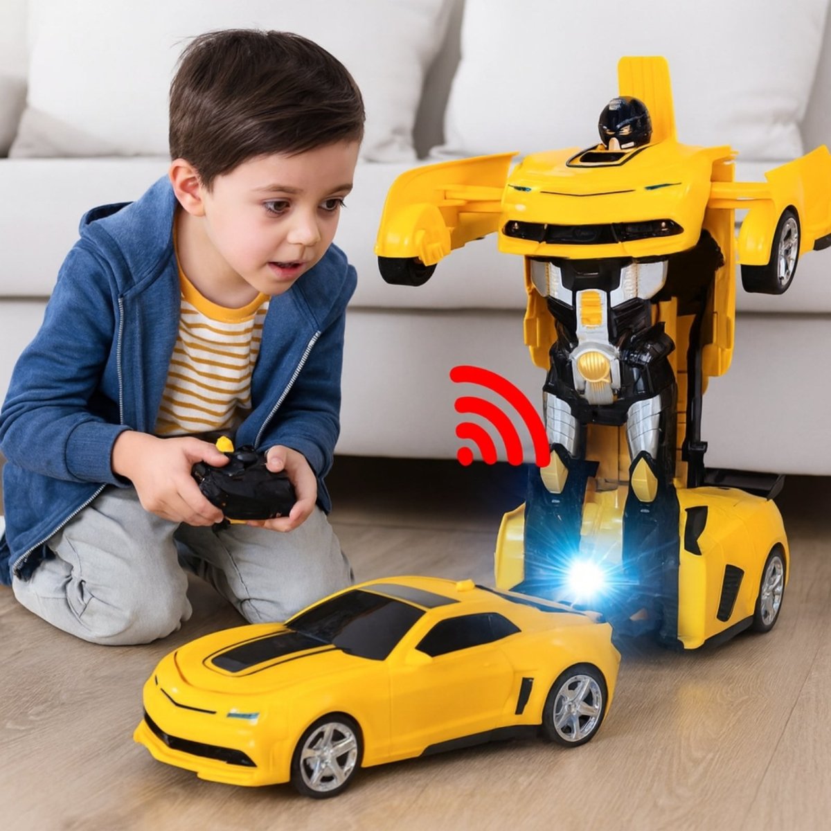 Child playing with a yellow robot toy transforming into a car on a wooden floor.