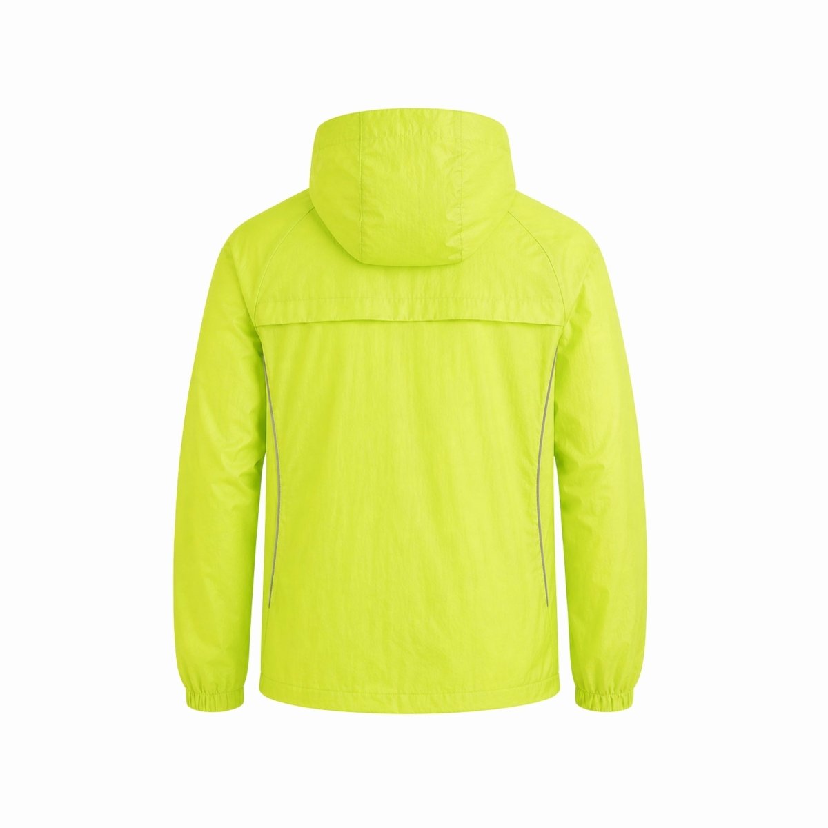 Back flat lay view of Kouvr yellow hooded active jacket showing back vent details and elastic cuffs