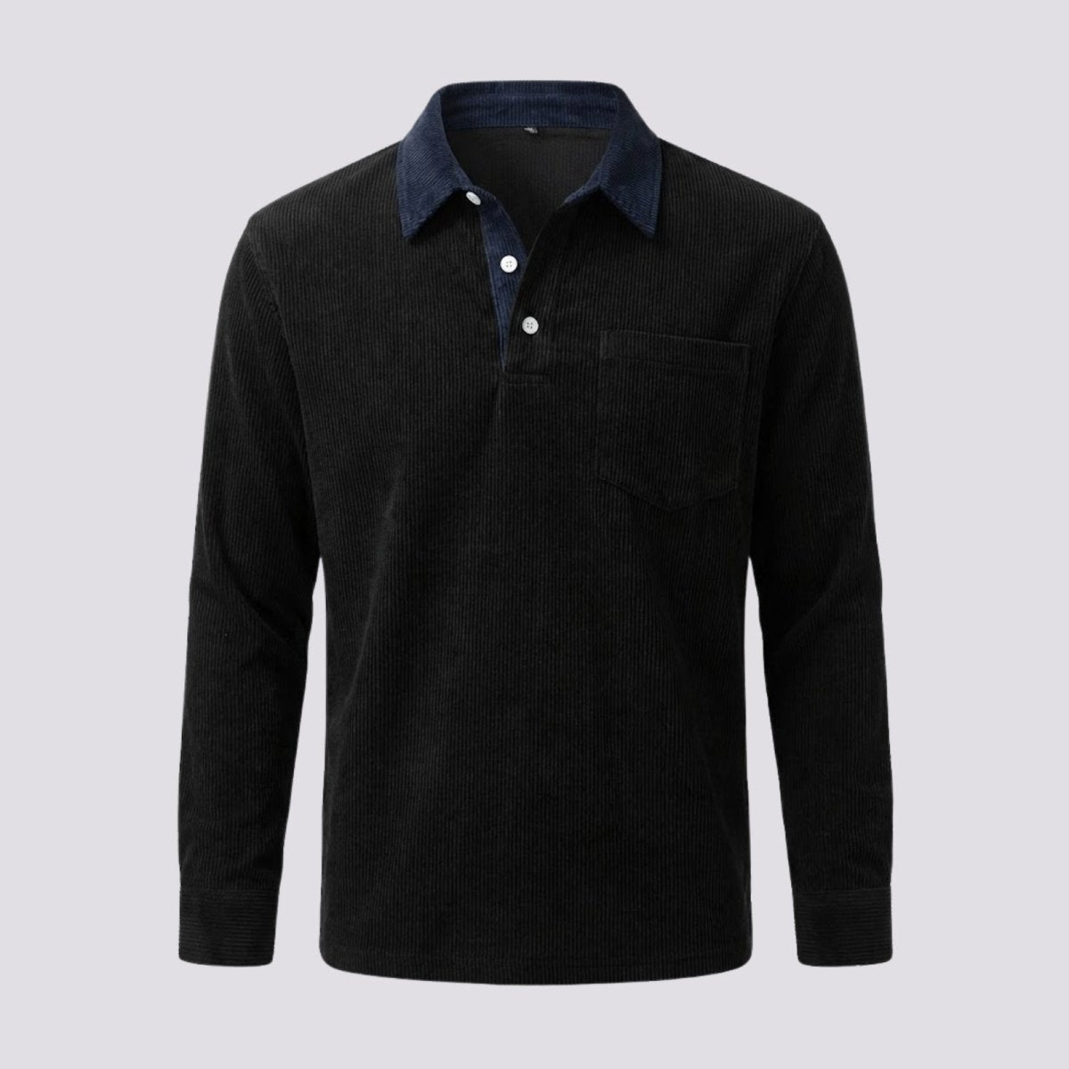 Flatlay front view of the Kouvr Zain Black Corduroy Long Sleeve Polo showing the button placket, chest pocket, and collar.
