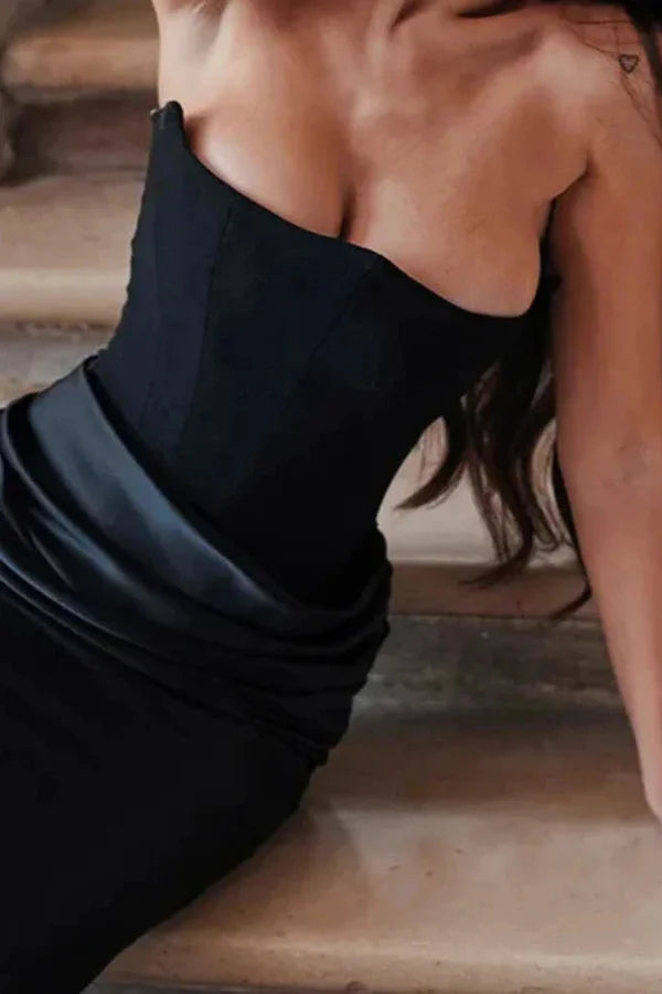 structured bodice," "sculpted silhouette," "draped waistline," "black tie attire," and "gala gown