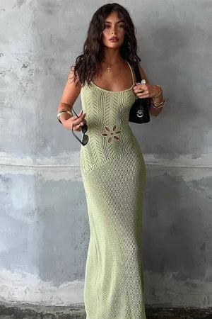 Crochet Maxi Dress Sage Green | Floral Cut Out Knit Summer Dress | Luxury  Boho Resort Wear | Long Bodycon Slip Dress