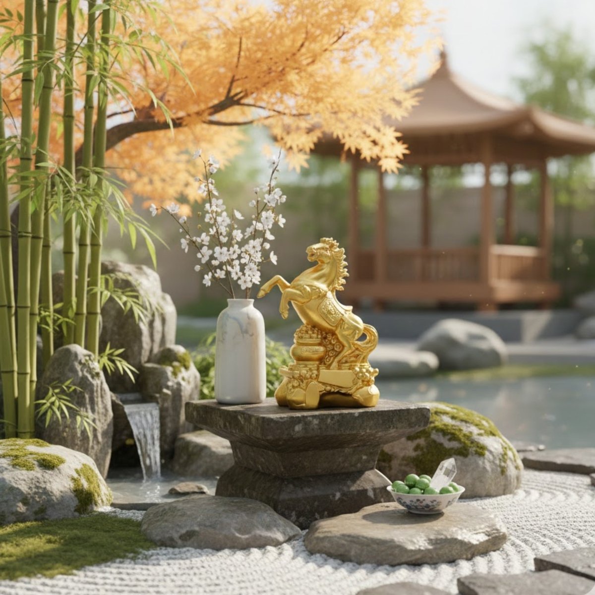The Kouvr success horse statue as a centerpiece in a tranquil Zen garden setting with a Japanese pagoda in the background, symbolizing peace and prosperity.