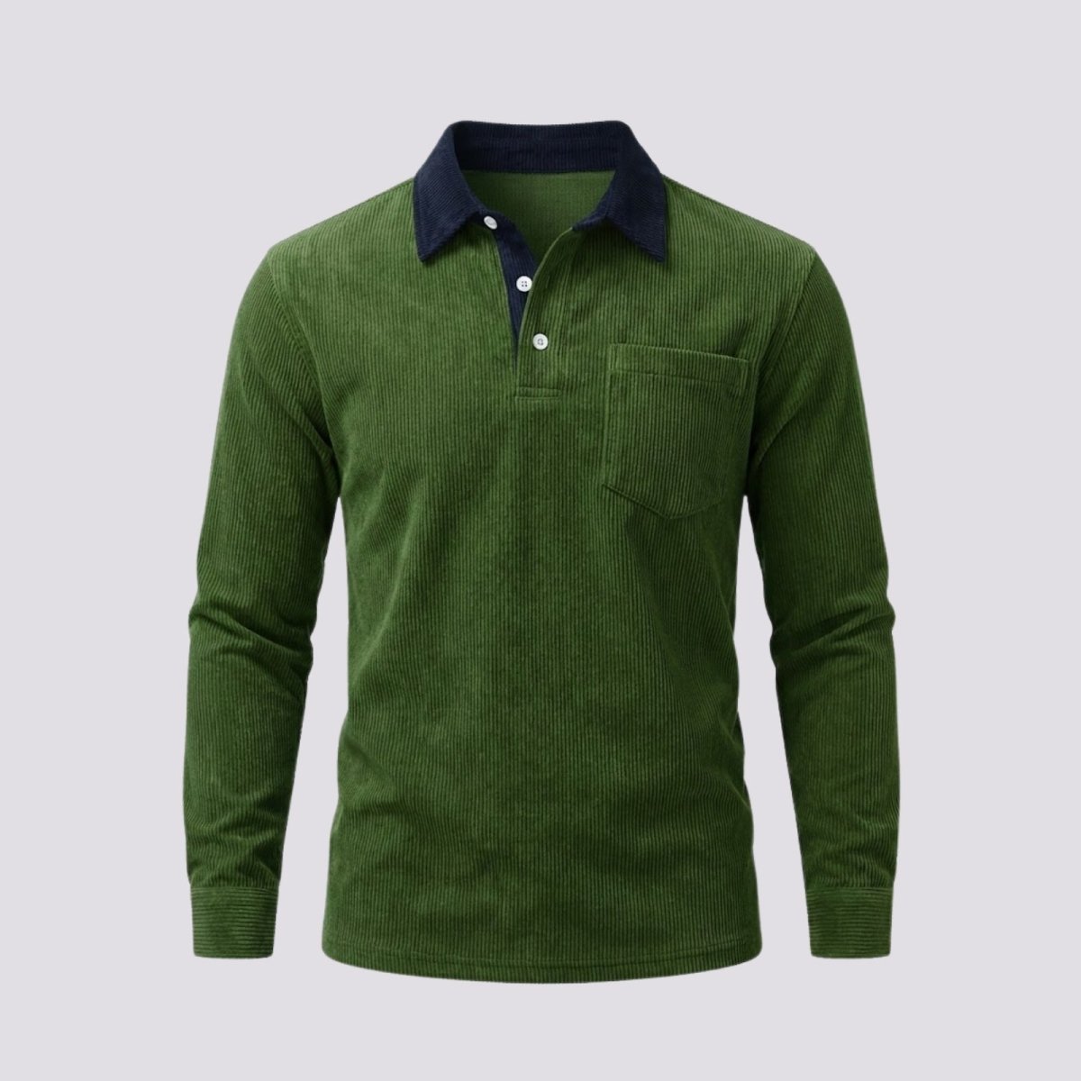 Front product shot of a men's long sleeve corduroy polo in olive green with a navy contrast collar and chest pocket.
