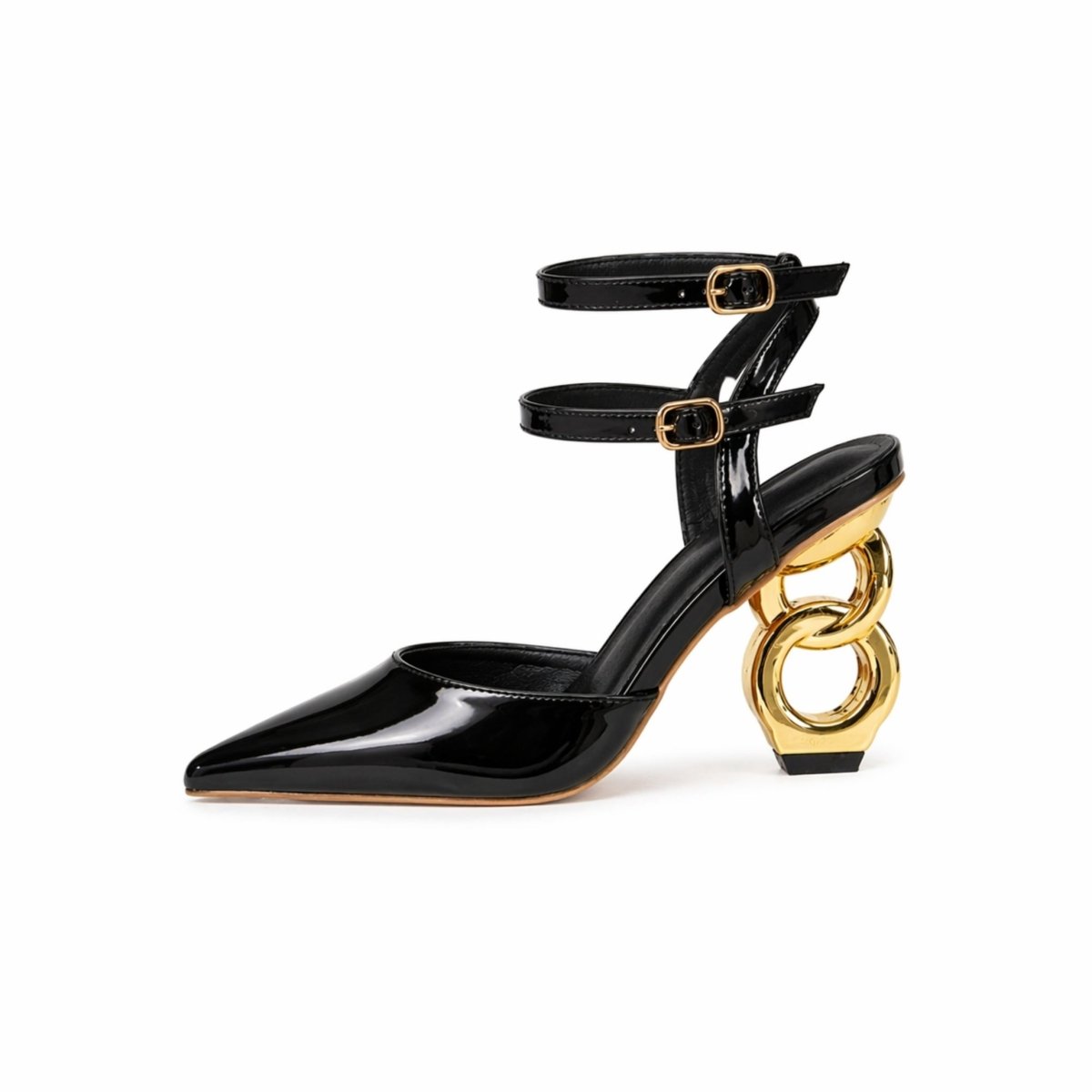 A pair of Kouvr Zuleika women's luxury pumps in glossy black patent leather with a contrasting gold sculptural interlocking chain heel and double ankle straps.