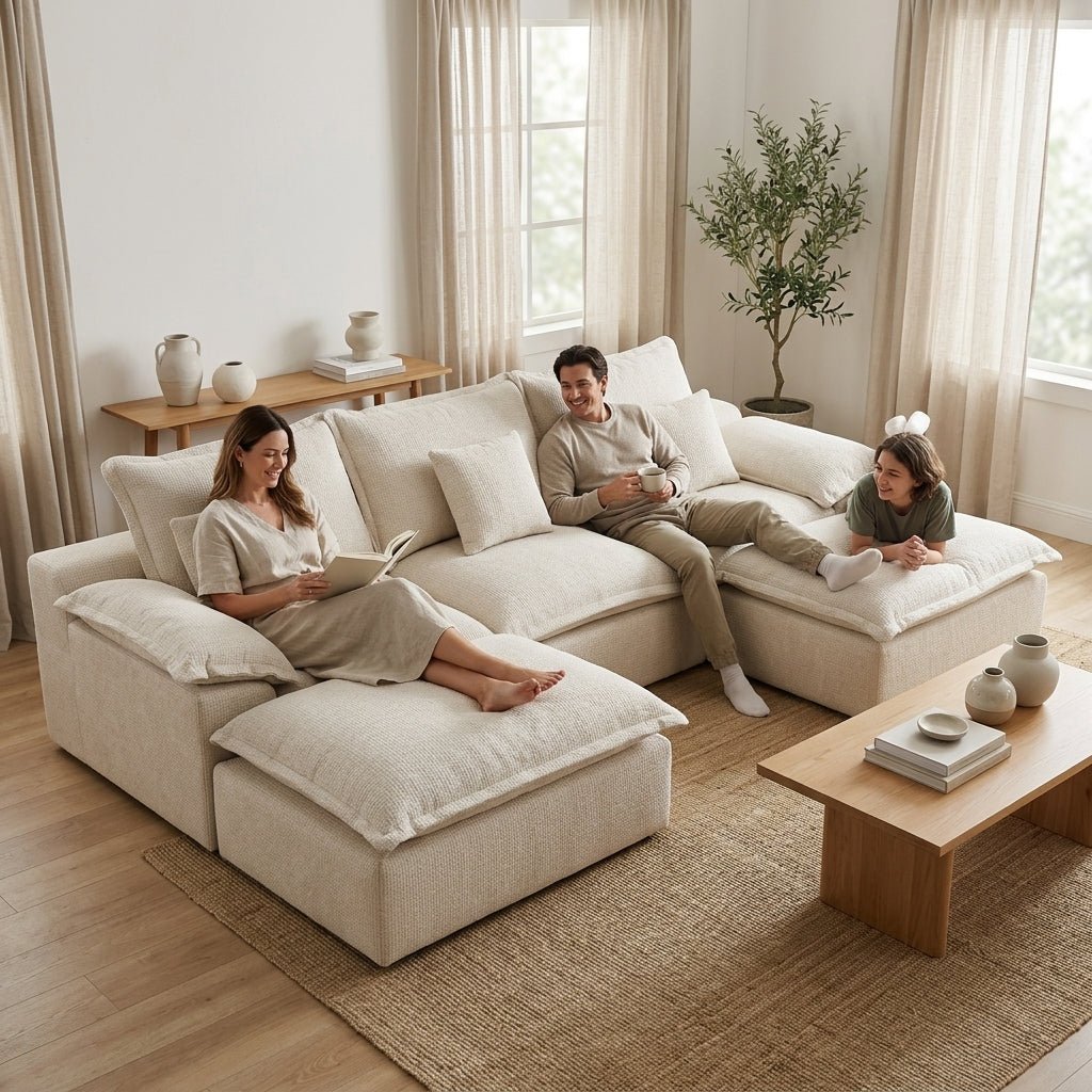 Happy family of three relaxing and reading on a large, comfortable beige modular sofa with a natural jute rug.