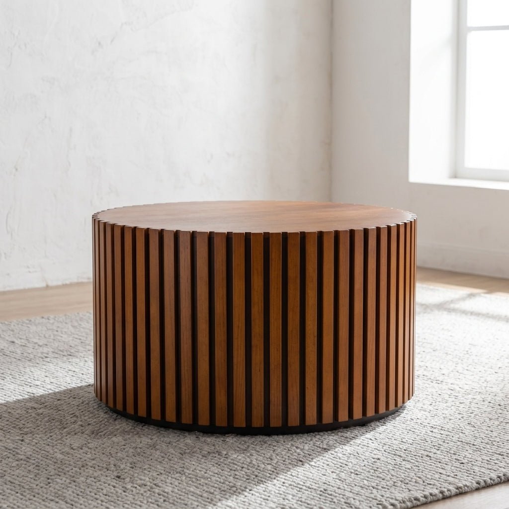 Detailed side profile of a large architectural fluted wood veneer coffee table highlighting the slatted texture and solid base.

