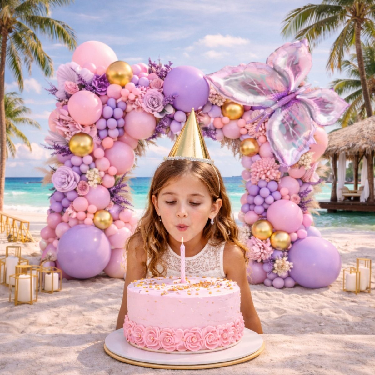 A young girl blowing out a candle on a pink cake with a luxury lavender and gold butterfly balloon arch backdrop at a tropical beach birthday celebration.