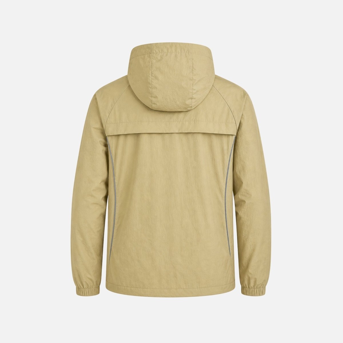 Flat lay back view of the Kouvr elevated men's outerwear shell highlighting the back storm flap detail.