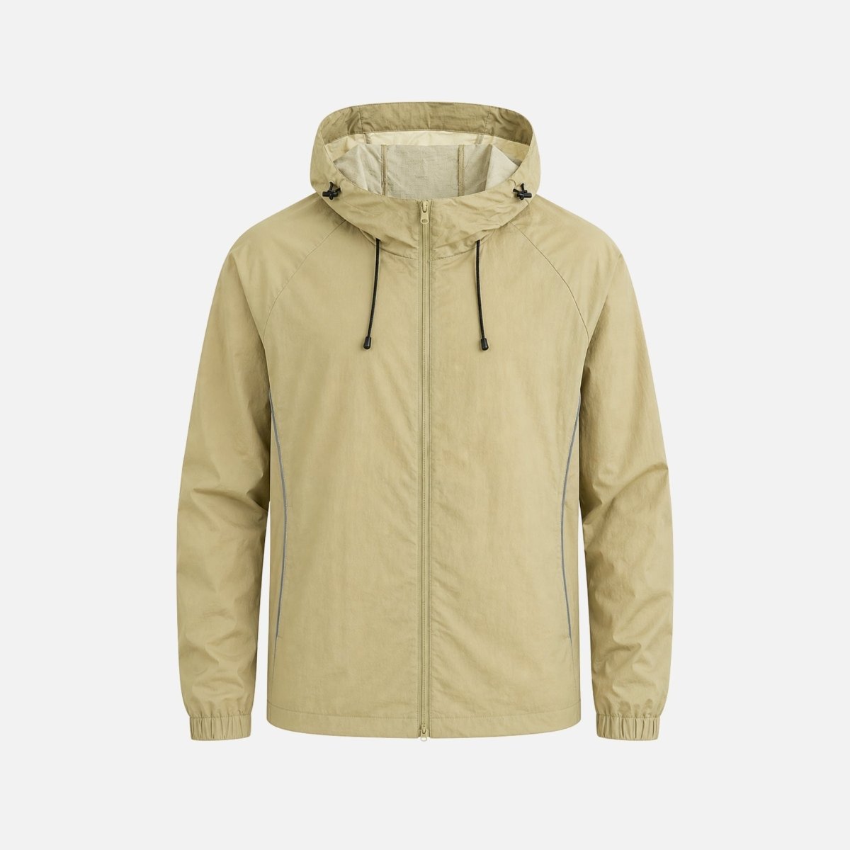 Flat lay front view of the Kouvr  light army green zip-up hooded windbreaker showing technical unlined fabrication.