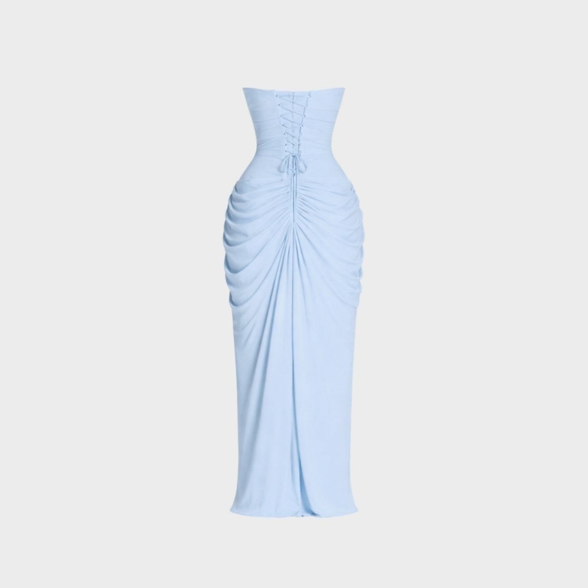 Back view of the light blue corset lace-up back formal maxi dress on a ghost mannequin showing tie details.