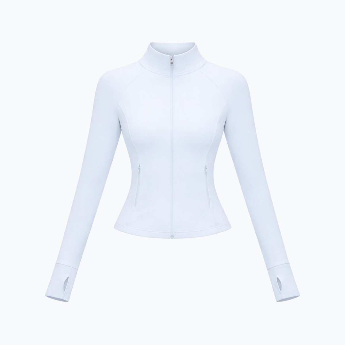 Flat lay studio product shot of light blue women's athletic jacket showing front zipper and seaming details.