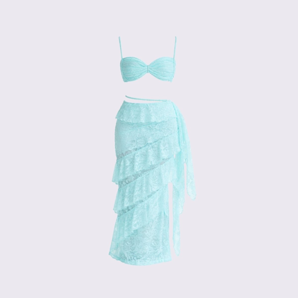 Product view of light blue floral lace two-piece matching set with sweetheart bralette and cascading tiered ruffle maxi skirt against a white background.