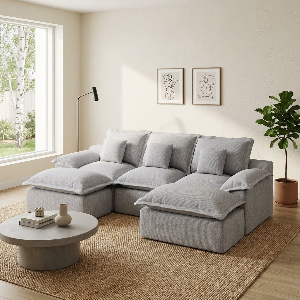 Symmetrical light grey U-shaped sectional sofa in a clean, modern apartment with neutral decor.