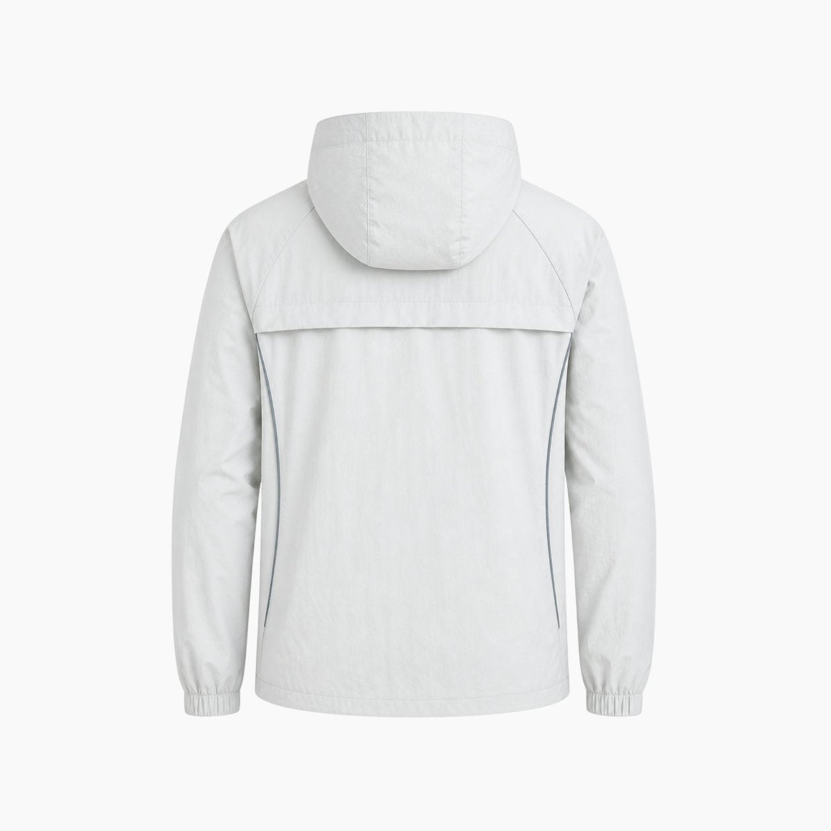 Flat lay back view of a light grey  hooded rain jacket emphasizing the clean lines and back ventilation panel.