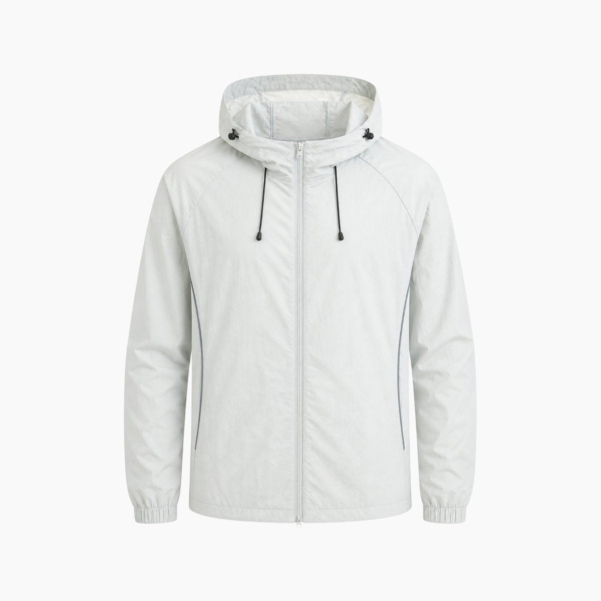 Flat lay front view of a minimalist light grey zip-up windbreaker jacket with high-contrast black toggles and elastic cuffs.