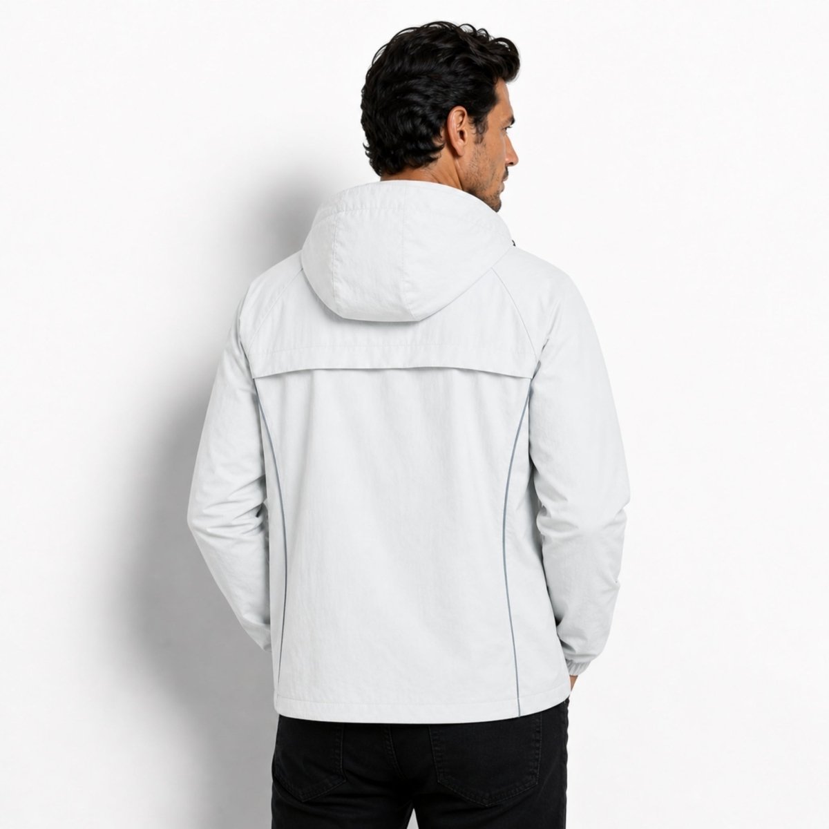 Back view of the light grey lightweight hooded jacket on a male model, showing the vented back yoke detail for breathability.