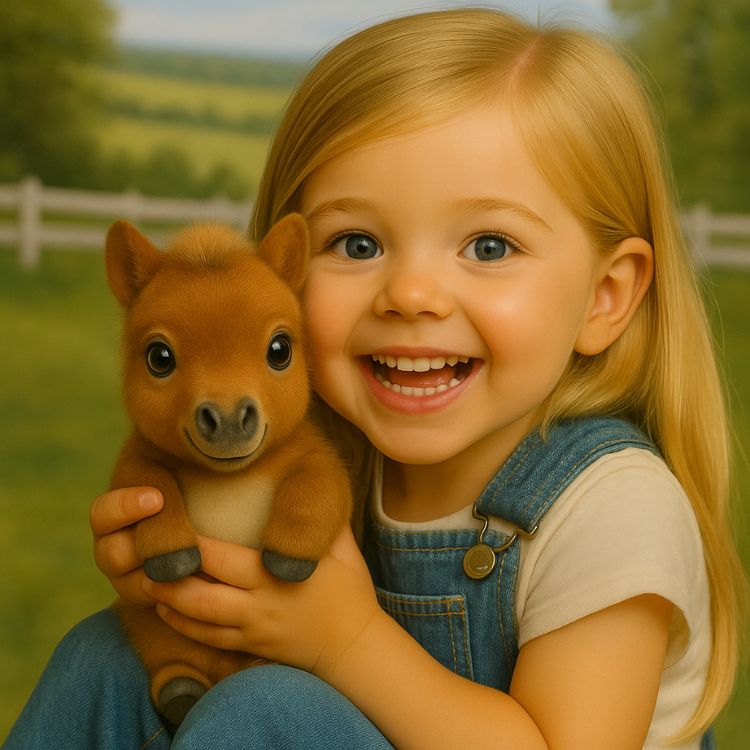 A happy young girl with blonde hair and a bright smile holding the cute brown Kouvr robot pony close to her chest.