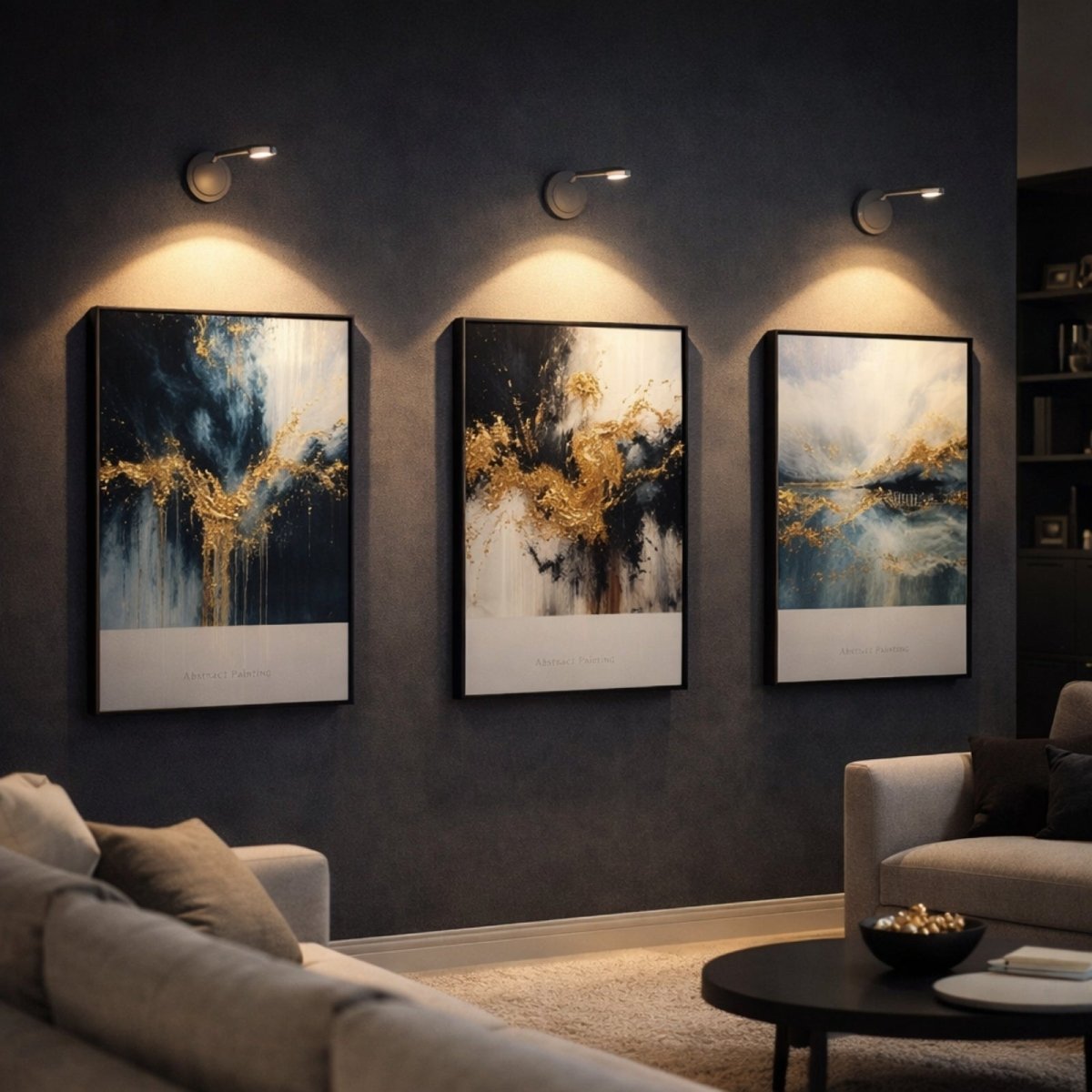 Three Kouvr wireless puck lights mounted above abstract paintings in a dark living room, creating a museum gallery effect on navy blue walls.
 