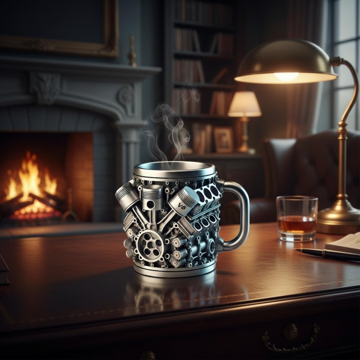 The Kouvr engine mug in a sophisticated study setting with a fireplace and a glass of whiskey, highlighting it as a luxury gift for men.