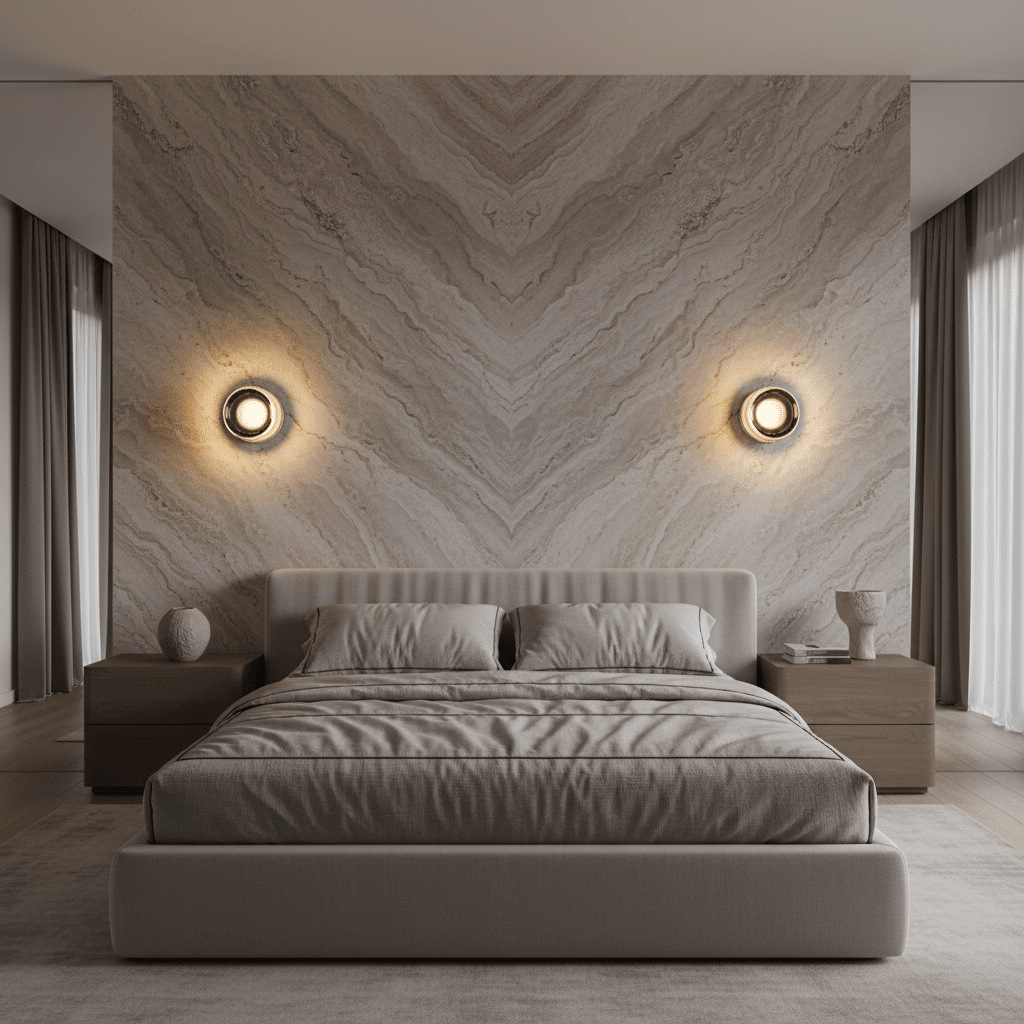 Symmetrical pair of circular glass wall sconces providing warm ambient bedside lighting on a large bookmatched travertine stone feature wall.