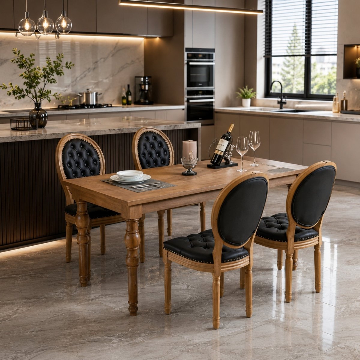 Two vintage tufted dining chairs with black upholstery positioned gracefully around a square wooden dining table, showcasing the classic elegance and timeless comfort of the button-tufted backrest.
