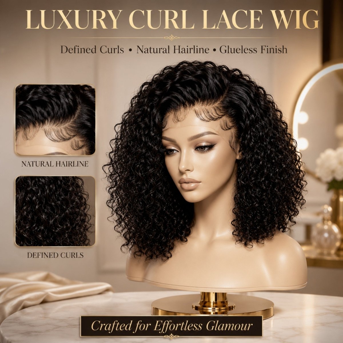 Kouvr luxury curl lace wig showcasing defined wet and wavy curls and a natural hairline on a premium display mannequin.