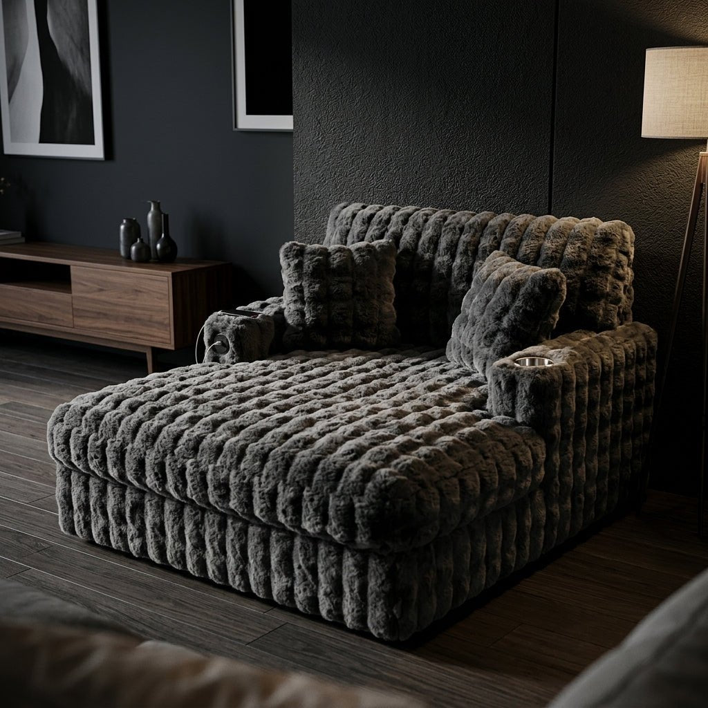 Sophisticated dark grey double chaise lounge reading chair styled in a moody, modern luxury media room with warm lighting