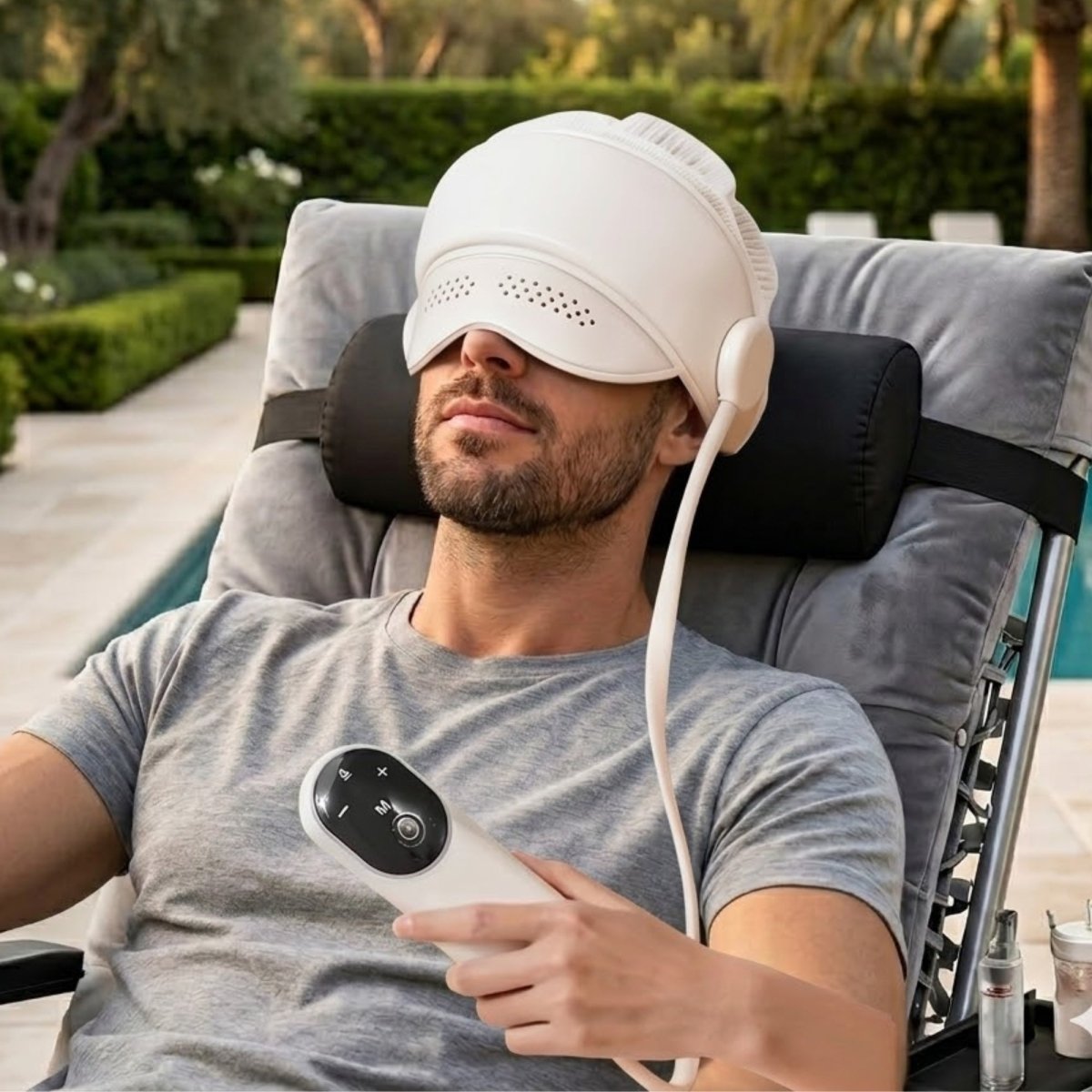 A man relaxes outdoors on a gray lounger by the pool wearing the Kouvr luxury cream electric head massager with eye coverage, holding its handheld remote controller.
