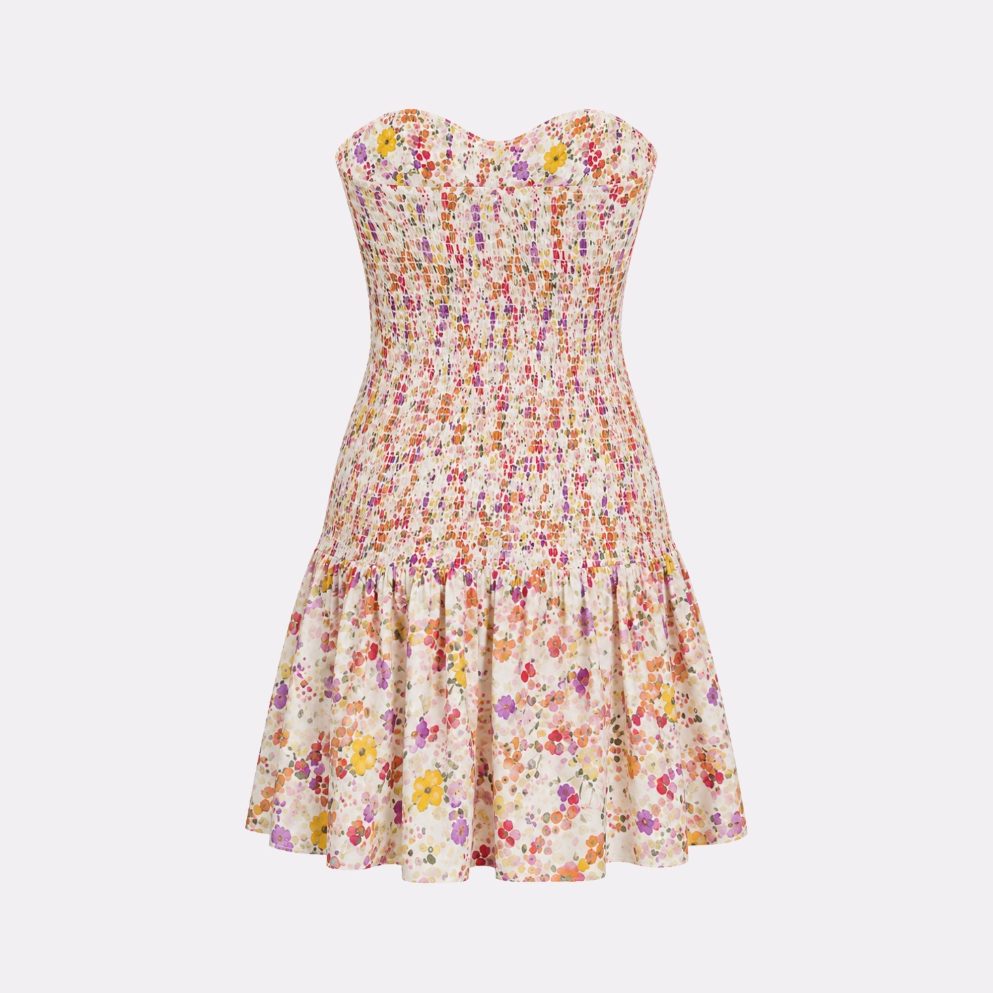  Back flat lay studio shot displaying the high-quality elasticized smocking and ruffled hem of the Kouvr summer vacation mini dress.