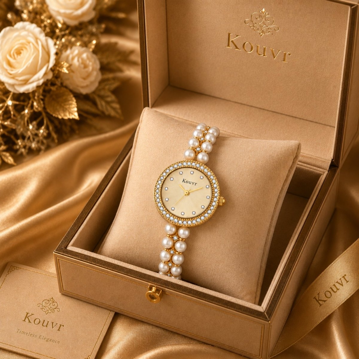 Kouvr vintage gold pearl bracelet watch displayed elegantly inside a premium beige luxury gift box surrounded by golden roses.