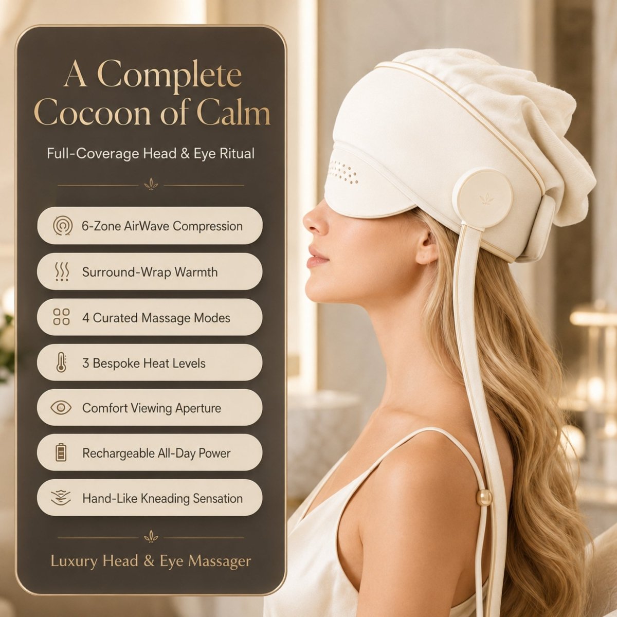 Side profile of a woman showcasing the luxury head and eye massager with a product feature panel detailing AirWave compression, surround warmth, and hand-like kneading.
