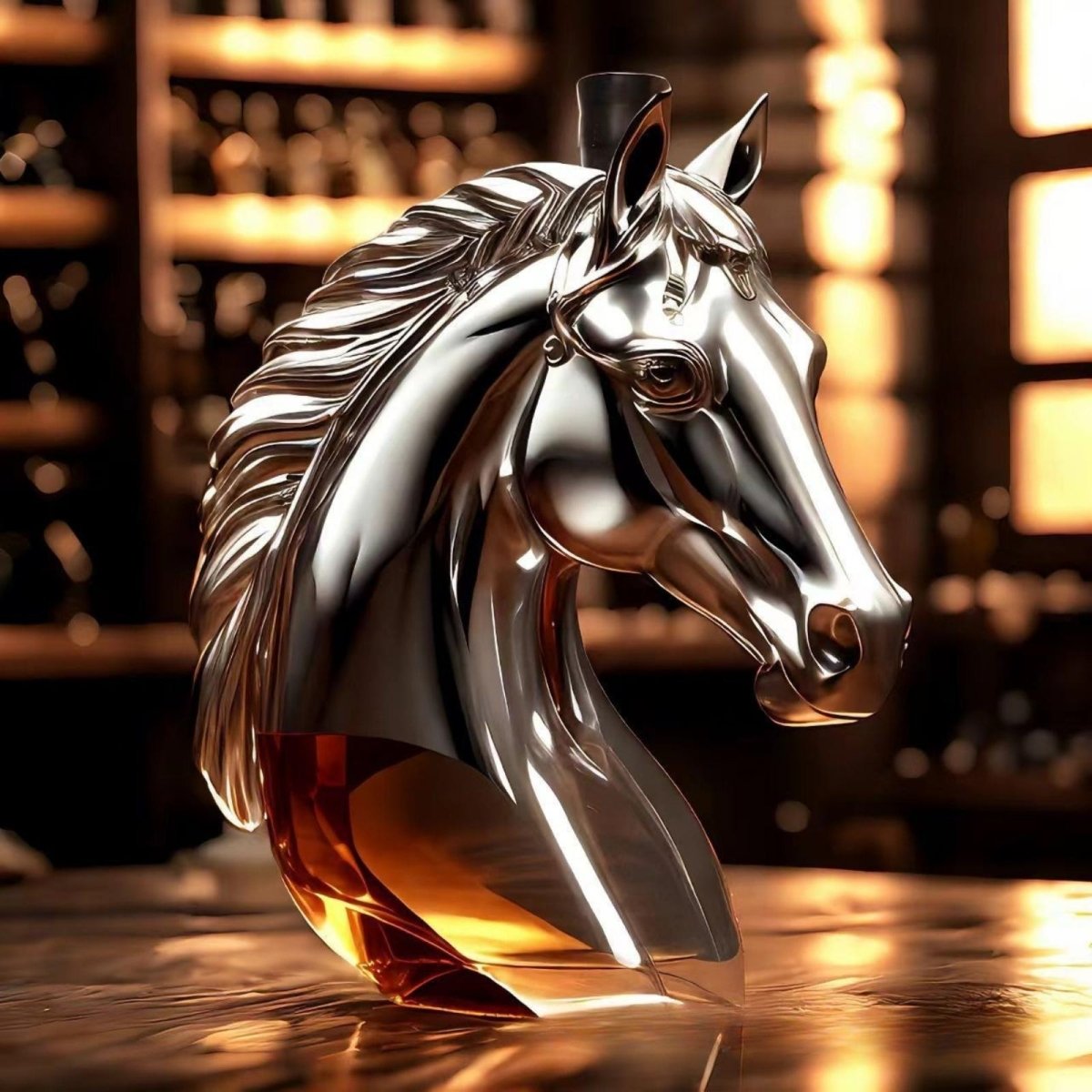 Three-quarter view of the sculptural horse head bourbon decanter by Kouvr, highlighting the detailed mane and elegant neck, set against a softly lit bottle shelf.
